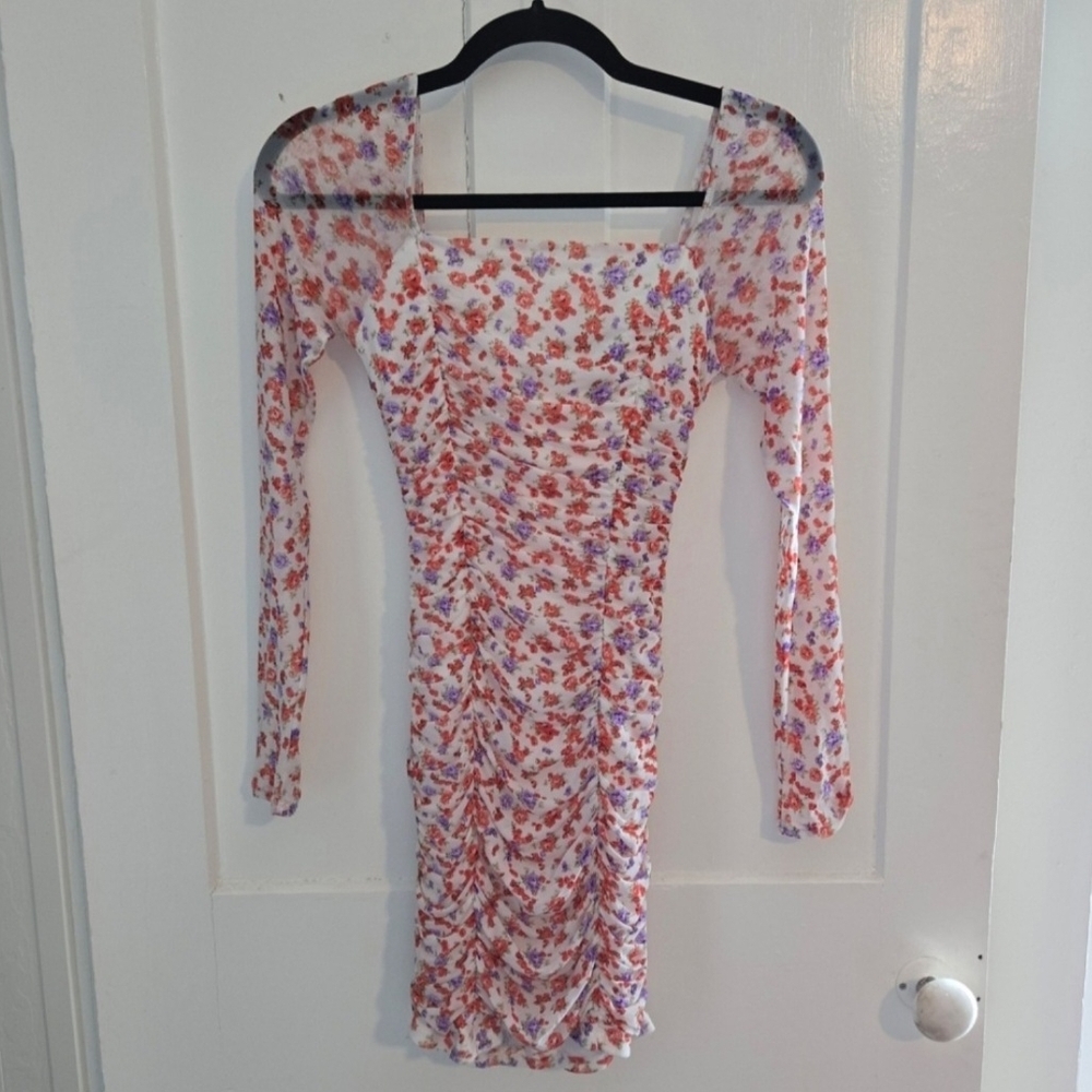 Forever 21 Multicolor Floral Long‎ Sleeve Fitted Dress With Sheer Sleeves, Small